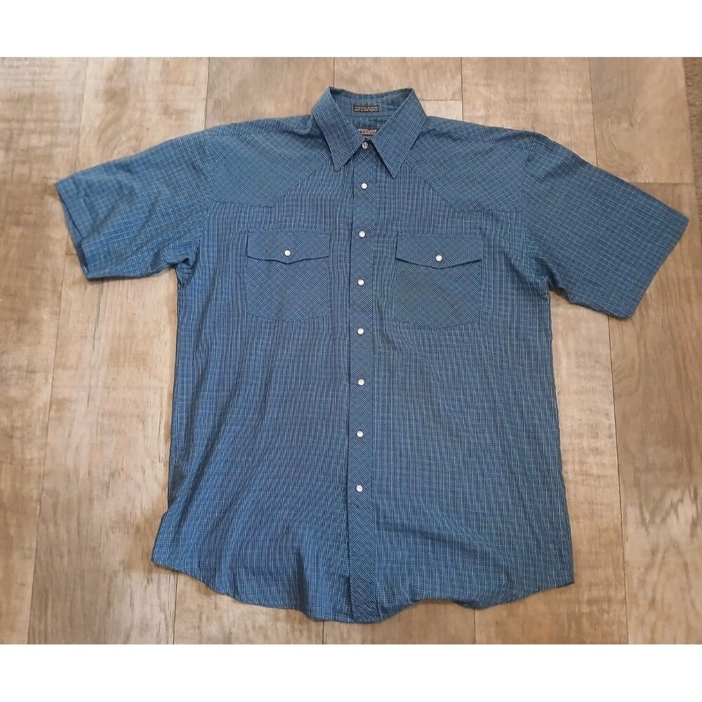 Outlaw Western Wear Pearl Snap Shirt Men's XLT Tall Blue Plaid Work Vintage